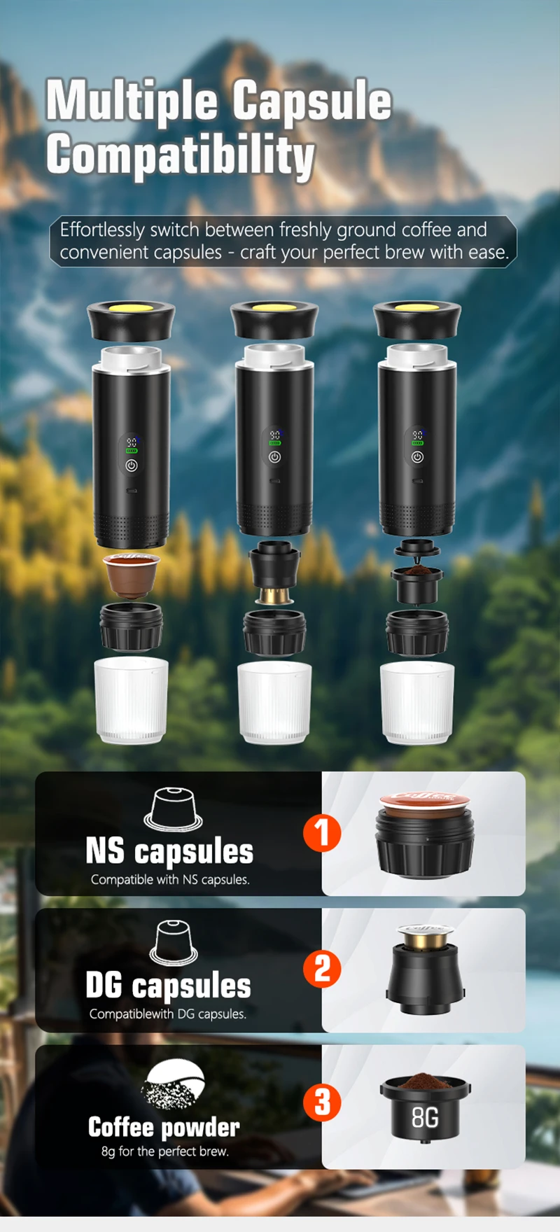 DENOKIN Portable Espresso Coffee Machine With Digital Display 3-in-1 Capsule Coffee Maker for Car & Home Camping Coffee Maker