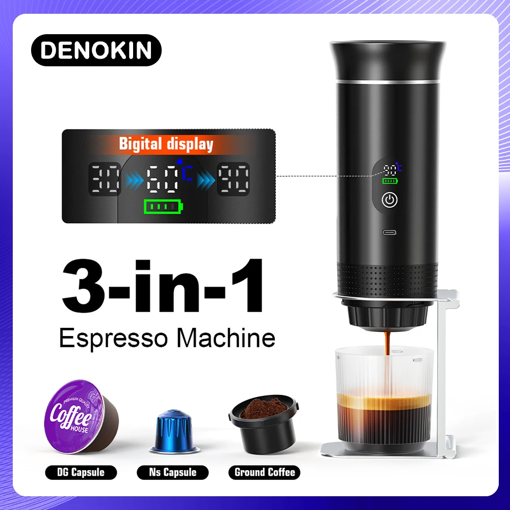 DENOKIN Portable Espresso Coffee Machine With Digital Display 3-in-1 Capsule Coffee Maker for Car & Home Camping Coffee Maker DENOKIN Portable Espresso Coffee Machine With Digital Display 3-in-1 Capsule Coffee Maker for Car & Home Camping Coffee Maker